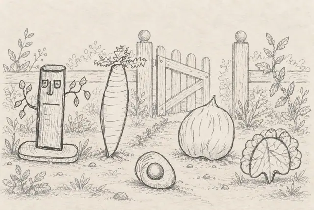 A hollow-log face, tall carrot, onion, oval stone and scalloped leaf at a lightly sketched garden gate.