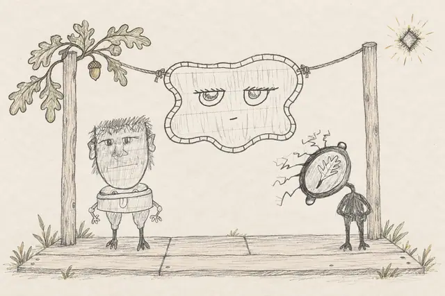Three peculiar face doodles rehearse on an open wooden stage beneath oak leaves and a diamond spark.