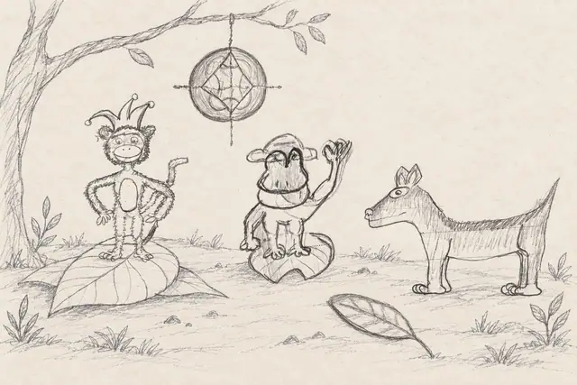 A jester-hatted monkey, waving lizard and pointed-ear dog rehearse beside a hanging pencil medallion and a leaf stage.