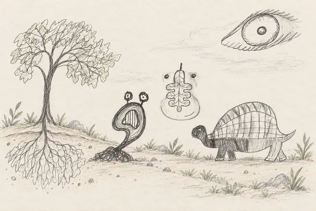 A curled eye-stalk creature greets a sail-backed animal beneath an eye and a tree with leaf-shaped roots.