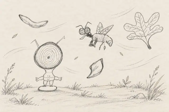 A target-headed figure and large-eyed insect among drifting leaves and petals on ivory paper.