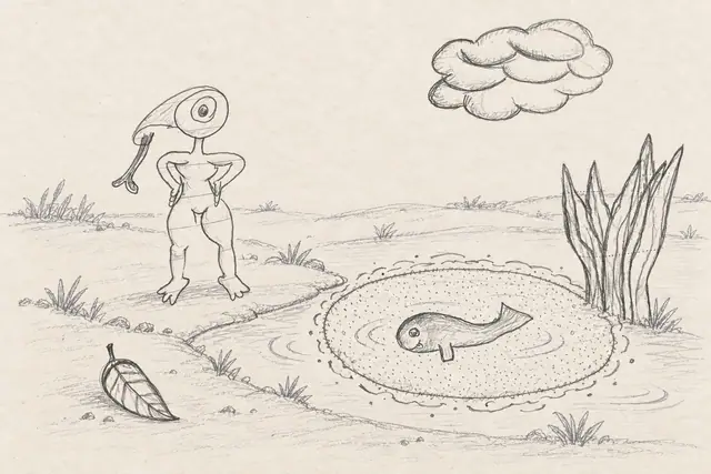 A long-beaked figure stands beside a small whale in a dotted pond, with reeds and a lobe-shaped cloud.