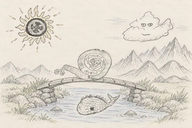 A long-necked spiral snail crosses a small bridge above a patterned fish, with mountains beyond.