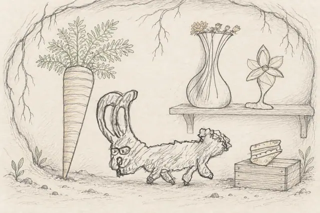 A long-backed rabbit surveys a carrot, a sandwich and two floral vessels in a lightly drawn burrow pantry.