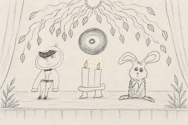 Pencil scene: An intimate rehearsal in a paper theater: a swept-hair bow-tied gentleman and a shaggy long-eared rabbit take their places beside a pair of candles.