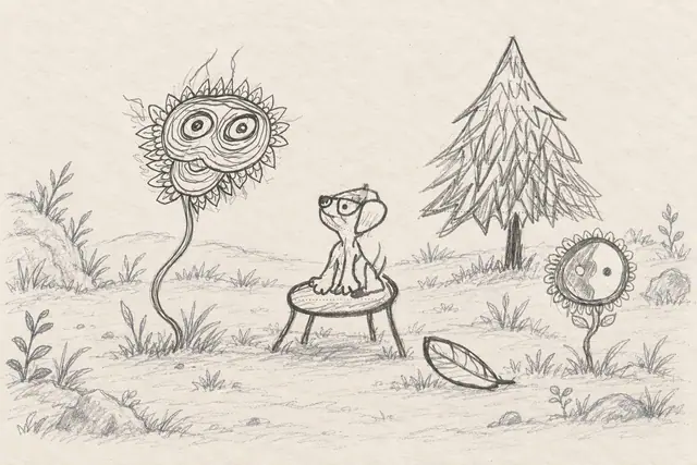 A small dog sits on a stool beside a spiral-eyed flower, an evergreen and a yin-yang flower in a pale clearing.