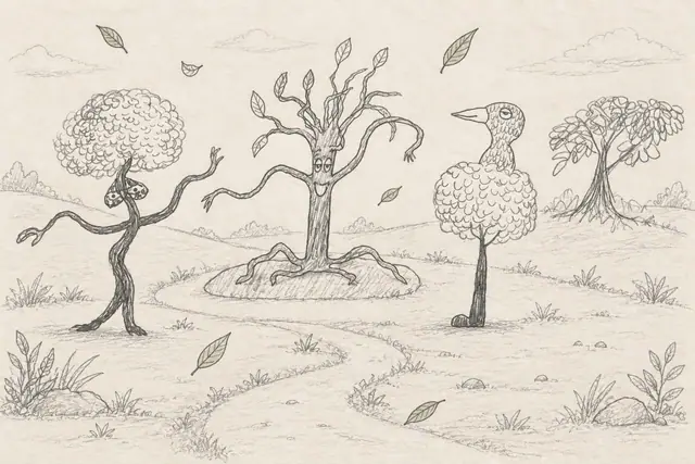 Pencil scene: A tiny daytime orchard council on an open hill; the bow-tied dancing tree, friendly bare tree and sleepy bird-tree appear to discuss where the path should go.