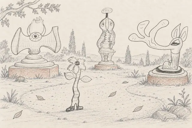 Pencil scene: A tiny outdoor sculpture garden where the booted flower walker visits three eccentric living monuments.