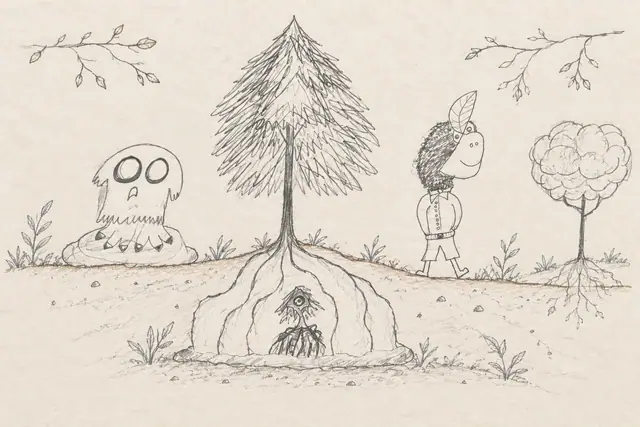 Pencil scene: A whimsical small cutaway under a tree: the underground eye-dweller receives a many-footed ghost and a leaf-crowned shirted visitor.