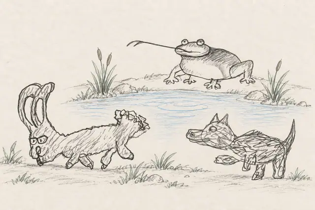 A long shaggy rabbit and zigzag dog pass a pale pond while a wide frog holds out its long forked tongue from the far bank.