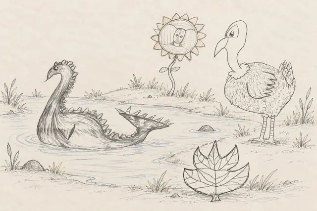 Pencil scene: A curled serpent and a long-necked feathered bird pause beside a shallow stream, with a smiling sunflower and a maple leaf at the bank.