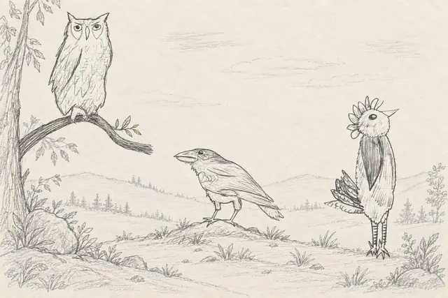 A watchful owl on its curved branch, an alert raven and an elaborate crested bird keep lookout across a quiet pencil clearing.