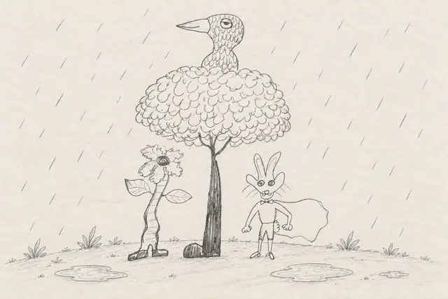A caped rabbit and a booted flower take shelter beneath the scalloped canopy of a sleepy bird-tree as a light pencil shower passes.