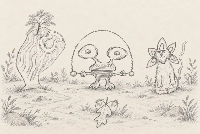 Pencil scene: An orb juggler performs in a quiet clearing for a leaf-eared cat and a woodgrain bird, beside a fallen oak leaf and acorns.