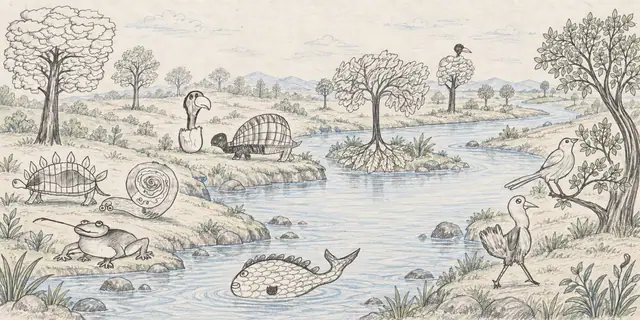 A wide pencil river valley holds a fish, turtle, snail, frog, two birds, an egg hatchling and a sail-backed creature among four distinctive tree designs.