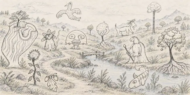Panoramic pencil landscape: A wooded valley gathers a leaf-eared cat, orb juggler, staff-carrying bird and horned goat around a winding path and stream, with a curled fish below and a feathered bird overhead.