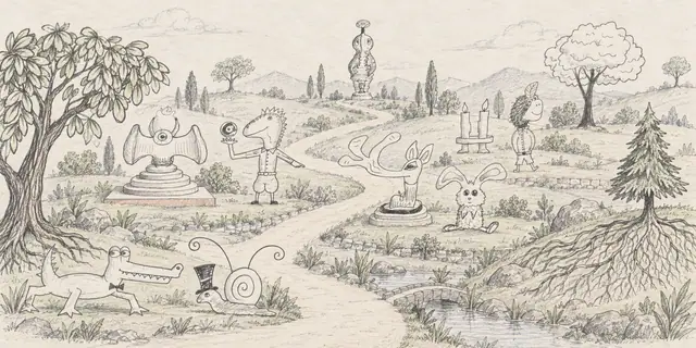 A broad pencil landscape of a hillside sculpture park, with eccentric eye monuments, five doodle visitors, three kinds of trees and a little candle platform linked by a winding path.