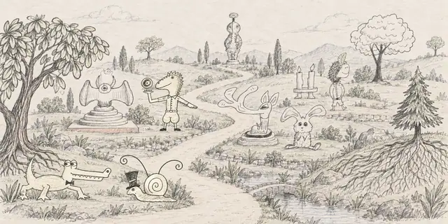 A pencil sculpture park comes gently to life as a top-hatted snail glides, a bow-tied crocodile and an eye-balancing reptile sway, and the floating eye bobs above the reptile's hand.