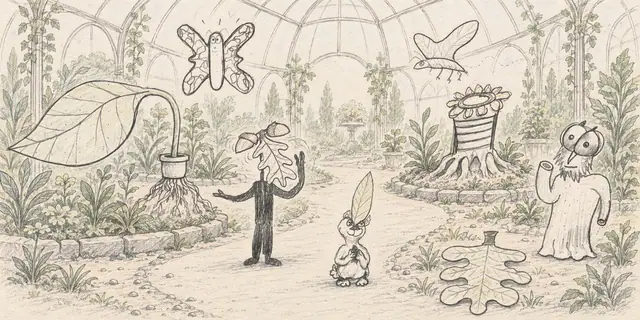 Pencil landscape: Leafy visitors explore an airy conservatory filled with oversized notebook plants and delicate insects.
