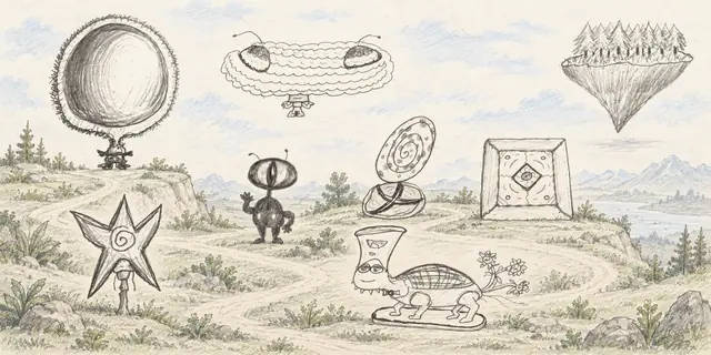 Pencil landscape: Strange instruments, a giant orb and a floating forest meet on a quiet hilltop.