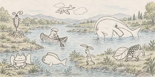 Pencil landscape: A canoe and a whiskered whale share a river crossing while curious new visitors gather along the banks.