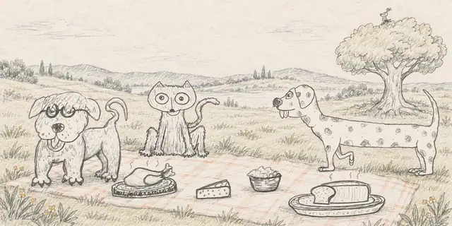 Pencil landscape: Two dogs and a wide-eyed cat gather for a generous picnic beneath a bird-topped tree.