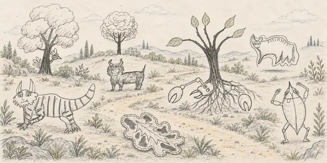 Pencil landscape: Striped cats and leafy creatures wander among trees that seem almost as curious as their visitors.
