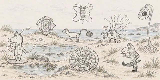 Pencil landscape: A curious group explores a shore scattered with spirals, a strange window, and a tall eye-shaped tree.