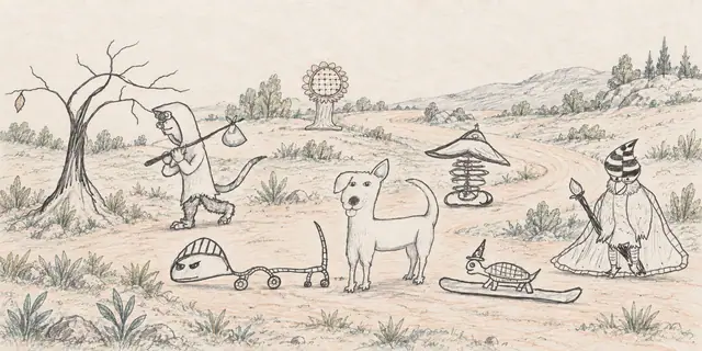 Pencil landscape: Travelers, a wheeled creature and a spring-necked bird follow a winding woodland road.
