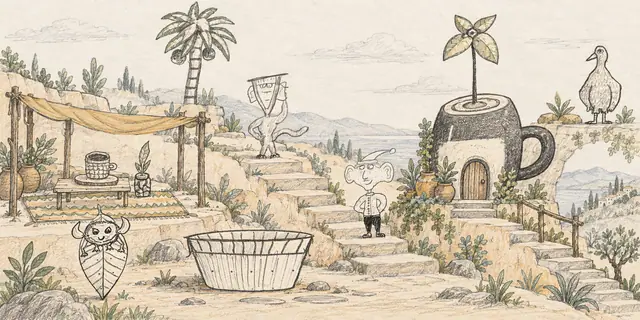 Pencil landscape: A hillside of cups and quiet steps brings together a striped cat, a sleepy visitor, and a tiny leaf sprite.