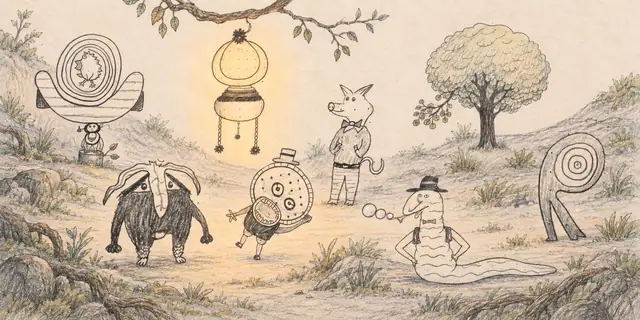 Pencil landscape: A hanging lantern lights a sheltered hollow where unlikely companions gather among roots and rings.