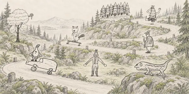 Pencil landscape: A leaf car and skateboarder travel a winding woodland road watched by trees and odd little companions.