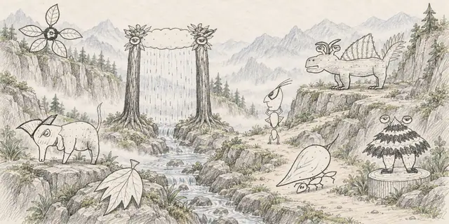 Pencil landscape: Travelers and leaf creatures cross a quiet mountain pass beneath a gate of falling rain.