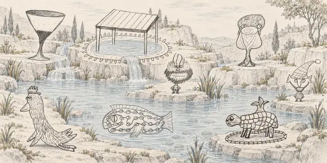 Pencil landscape: A pavilion and oversized goblets shelter a peaceful bathing pool visited by fish, a turtle, and curious travelers.