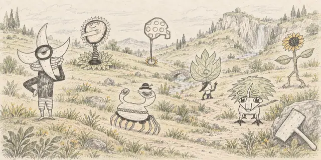 Pencil landscape: Wind-shaped plants and smiling visitors gather in a broad meadow of rolling hills.