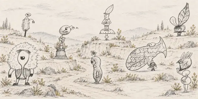 Pencil landscape: Living pots, leaf-headed figures, and a plumed wanderer occupy a grove of sculptural plants.