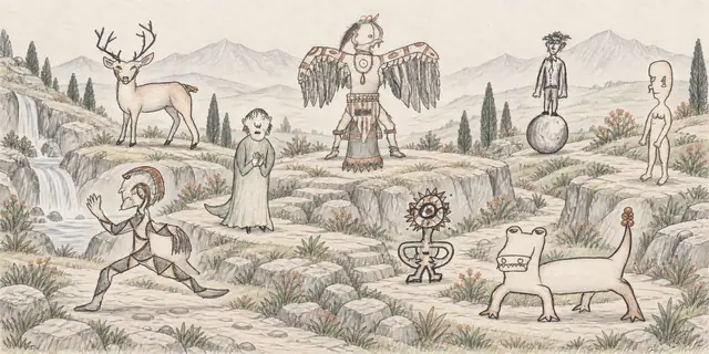 Pencil landscape: An unlikely procession winds between open mountain terraces under a pale morning sky.