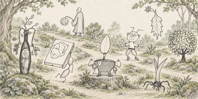 Pencil landscape: A giant picture book draws leaf creatures and curious readers into a sheltered woodland clearing.