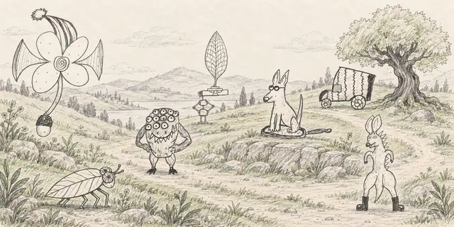 Pencil landscape: A leaf-hatted robot and curious visitors gather at a little hillside fair beneath an enormous spiral flower.