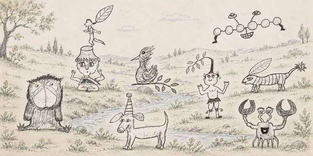 Pencil landscape: Leaf dancers, a party dog and a smiling crab gather in an open meadow beside a meandering stream.