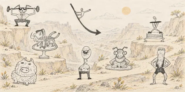 Pencil landscape: A curious caravan gathers on a winding canyon trail beneath a giant arrow and its tiny climber.