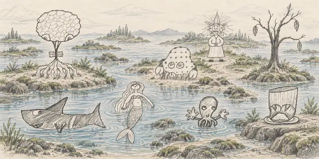 Pencil landscape: A mermaid, a little octopus, and strange garden visitors share the quiet pools of a tidal orchard.