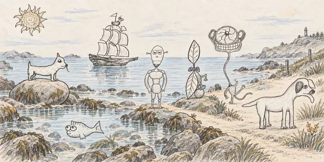Pencil landscape: A little sailing ship reaches a quiet inlet watched by odd shore visitors and a wide-eyed fish.