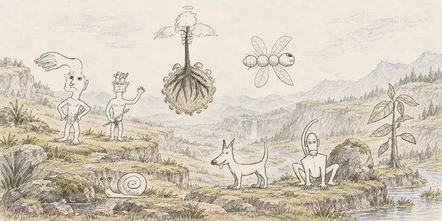 Pencil landscape: A mushroom-ringed root island overlooks a broad valley where leaf-winged visitors gather along a winding path.