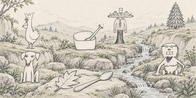 Pencil landscape: A bowl with an inquisitive spoon sits among grassy terraces where a table-headed host welcomes a hen, a dog, and a spectacled visitor.