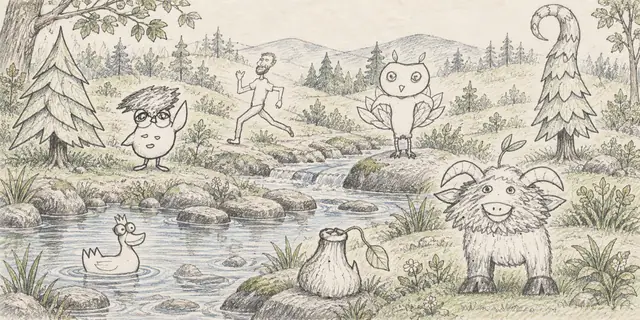 Pencil landscape: A leaf-winged owl, a sprout-headed ram, and curious companions gather around a creek beneath two very different fir trees.