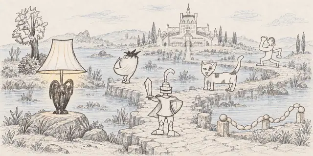 Pencil landscape: A crested bird, a crooked-tailed cat and two unusual travelers follow an owl lamp toward an ornate manor.