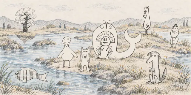Pencil landscape: A fan-crested rabbit and its great curved companion watch a quiet river winding between soft wooded banks.