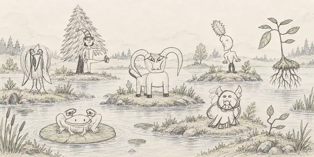 Pencil landscape: A giant rooted sprout links a quiet pond's little islands, watched by a frog, a ram and an eccentric woodland gathering.