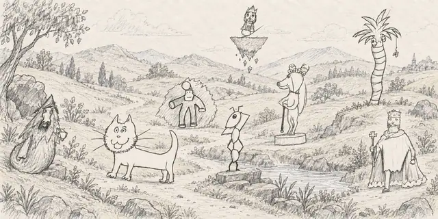 Pencil landscape: A curled wizard and an eccentric traveling court follow a valley path beneath a floating island and a smiling palm.